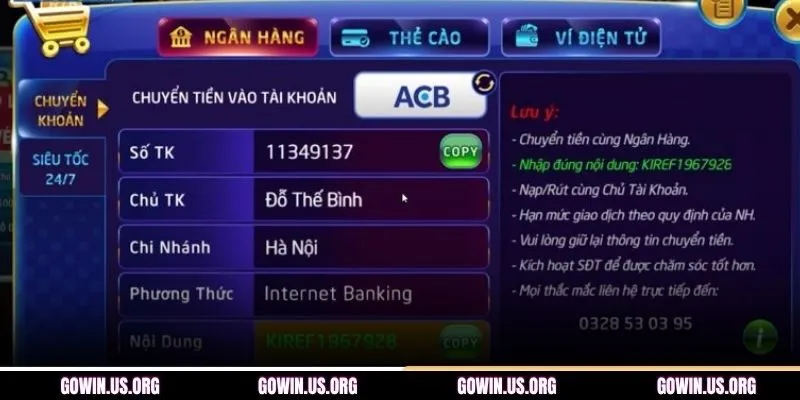 Các phương thức nạp tiền GOWIN